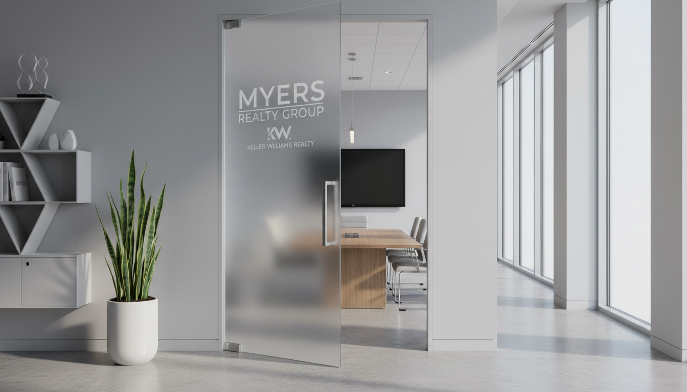An elegant frosted glass office door featuring the etched logo of Myers Realty Group at Keller Williams Realty, partially open to reveal a modern conference room beyond. The door is accented with a brushed steel handle, and the reception area is finished with light neutral walls, a minimalist potted plant, and sleek geometric shelving. Balanced natural light from tall nearby windows washes over the scene, casting subtle shadows that emphasize the clean lines of the architecture. The photograph is composed at an eye-level angle with balanced framing and a structured, professional mood. The aesthetic is corporate, crisp, and photographic, symbolizing a professional and welcoming entrance for new agents and clients alike.