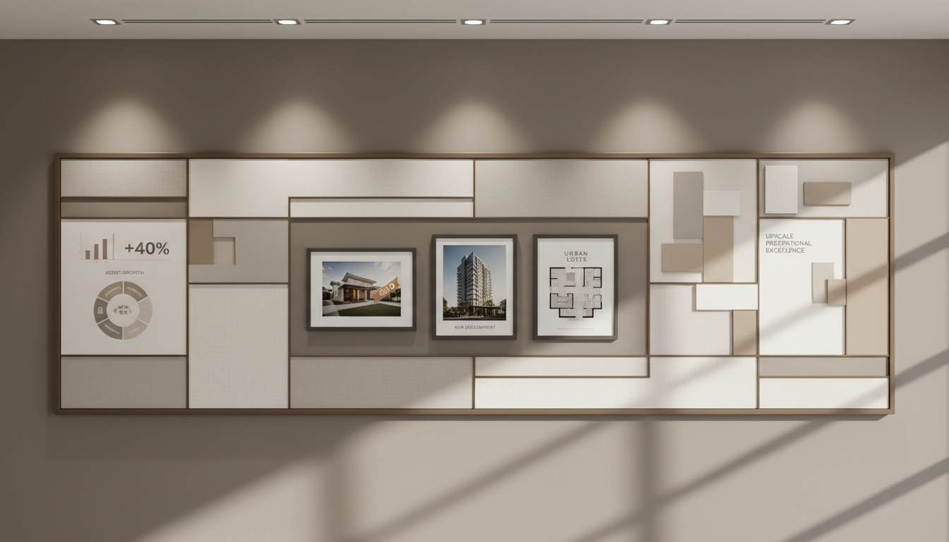 A sophisticated wall-mounted display board organized with seamlessly arranged property marketing materials in varying neutral tones and subtle textured finishes. The board features sample listings, floor plans, and business-development infographics set against a taupe wall with sleek metallic trim. Discreet recessed ceiling lights provide focused, even illumination, casting crisp shadows and delicate highlights across the display. Captured straight-on with structured, balanced composition and sharp clarity, the atmosphere exudes a modern corporate ambiance. This minimalist visual aligns with the site’s focus on agent growth, high-quality support, and an upscale, professional presentation.